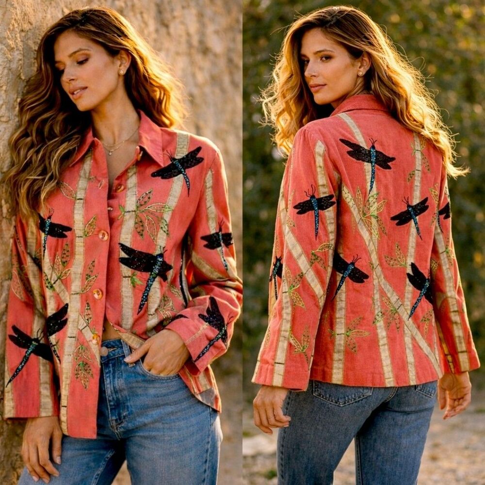 Vtg ANAGE M 90s Y2K Dragonfly Embroider Jacket Pink Cotton Art To Wear Statement